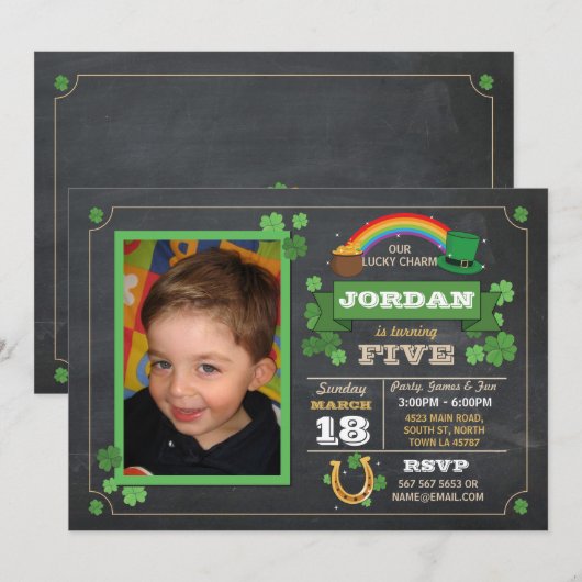 St. Patricks Day Birthday Party Photo Invite 3 4 5 Kaart (Voorkant / Achterkant)