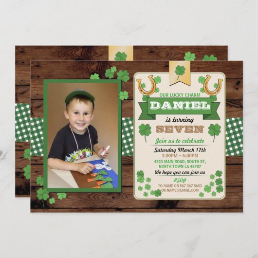 St. Patricks Day Birthday Party Photo Invite 7 8 9 Kaart (Voorkant / Achterkant)