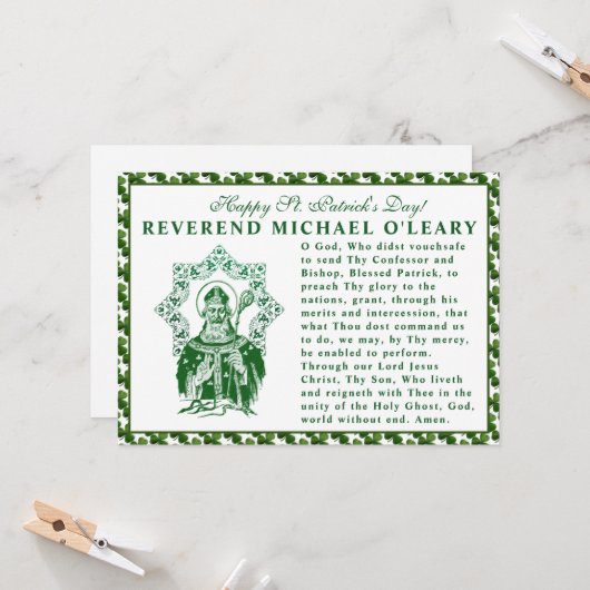St. Patricks Day Bishop Shamrocks Prayer Kaart (Voorkant / Achterkant in situ)