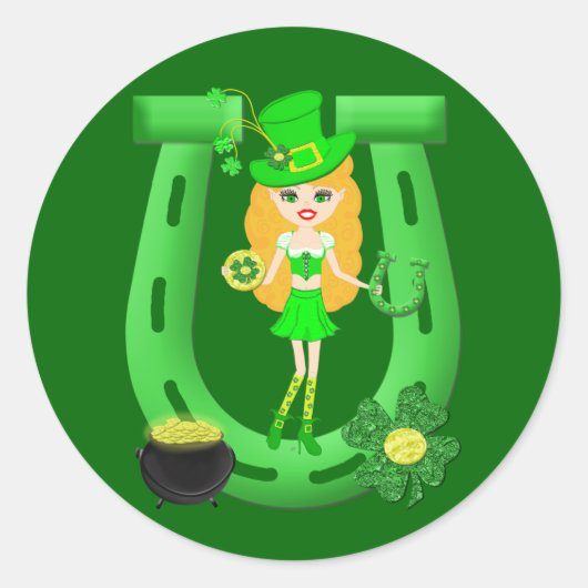St Patrick's Day Blonde Girl Leprechaun Ronde Sticker (Voorkant)