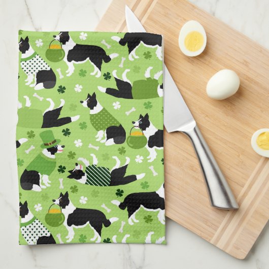 St. Patrick's Day Border Collie Pattern Theedoek (Quarter Fold)