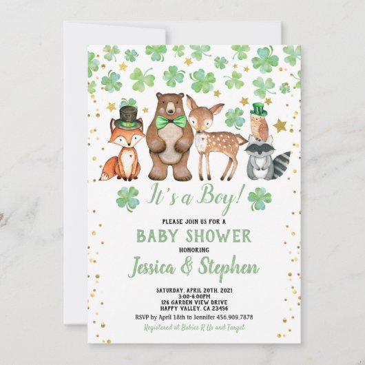 St Patrick's Day Boy Baby shower Shamrock Animals Kaart (Voorkant)