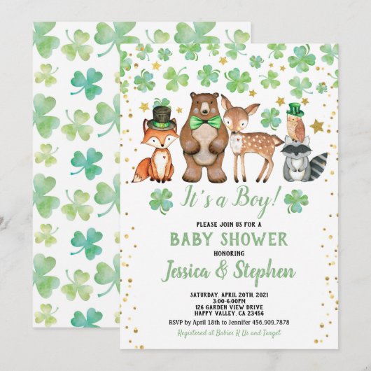 St Patrick's Day Boy Baby shower Shamrock Animals Kaart (Voorkant / Achterkant)