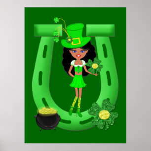 St Patrick's Day Brunette Girl Leprechaun Poster