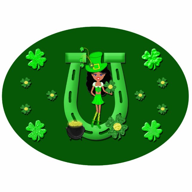 St Patrick's Day Brunette Girl Leprechaun Staand Fotobeeldje (Voorkant)