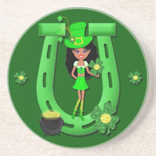 St Patrick's Day Brunette Girl Leprechaun Zandsteen Onderzetter