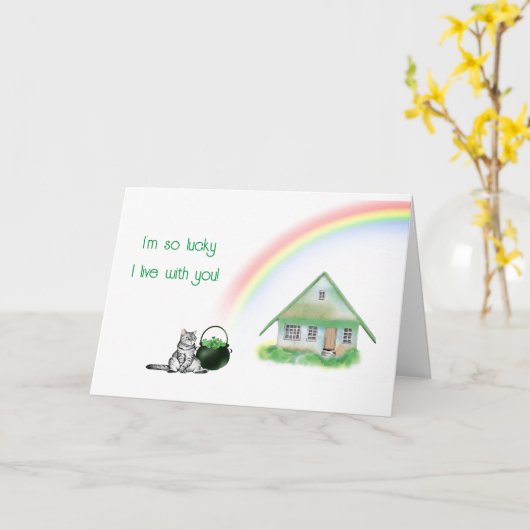 St. Patrick's Day Cat en Rainbow Kaart (Gele Bloem)