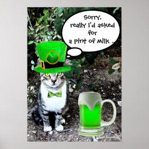 ST PATRICK'S DAY CAT MET GREEN IRISH BEER POSTER