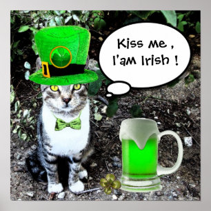 ST PATRICK'S DAY CAT MET GREEN IRISH BEER POSTER