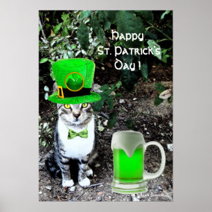 ST PATRICK'S DAY CAT MET GREEN IRISH BEER POSTER