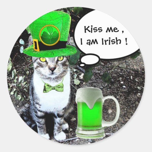 ST PATRICK'S DAY CAT MET GREEN IRISH BEER RONDE STICKER (Voorkant)