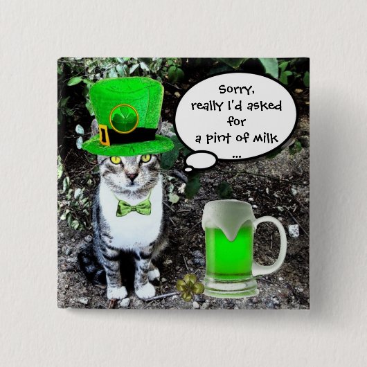 ST PATRICK'S DAY CAT MET GREEN IRISH BEER VIERKANTE BUTTON 5,1 CM (Voorkant)