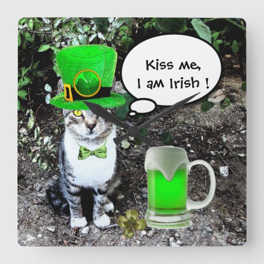 ST PATRICK'S DAY CAT MET GREEN IRISH BEER VIERKANTE KLOK (Voorkant)