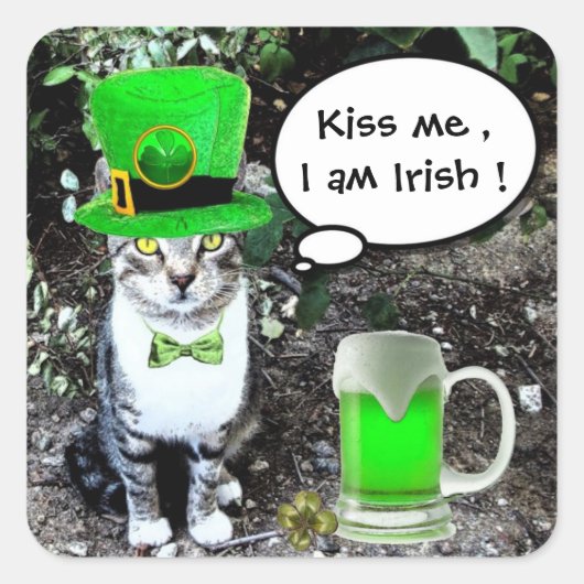 ST PATRICK'S DAY CAT MET GREEN IRISH BEER VIERKANTE STICKER (Voorkant)