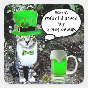 ST PATRICK'S DAY CAT MET GREEN IRISH BEER VIERKANTE STICKER
