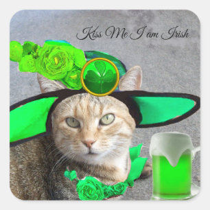 ST PATRICK'S DAY CAT MET GREEN IRISH BEER VIERKANTE STICKER