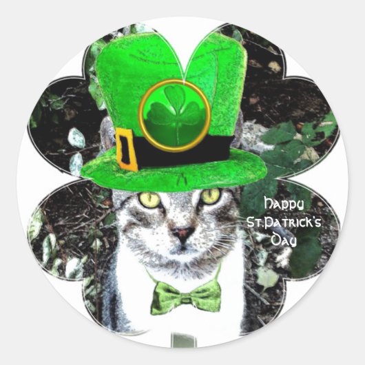 ST PATRICK'S DAY CAT MET LEPRECHAUN PET KLAVER RONDE STICKER (Voorkant)