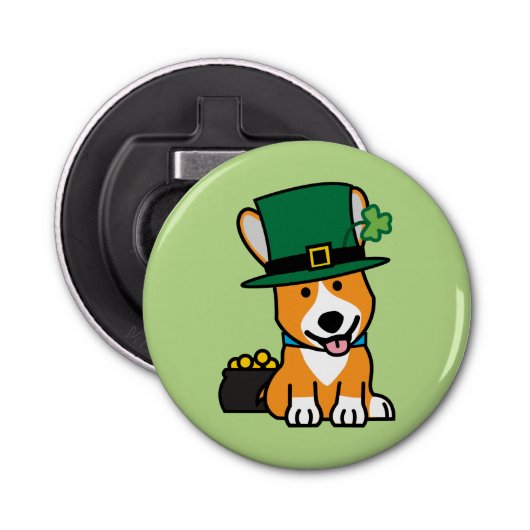 St. Patrick's Day Corgi Leprechaun Dog Puppy Doggy Button Flesopener (Voorkant)