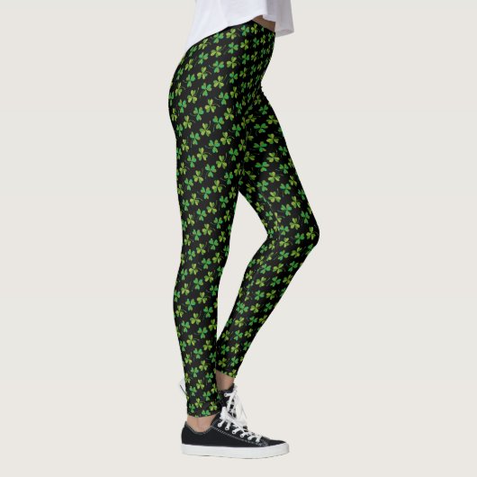 St Patricks Day Cute Shamrock Pattern Green Black Leggings (Rechts)
