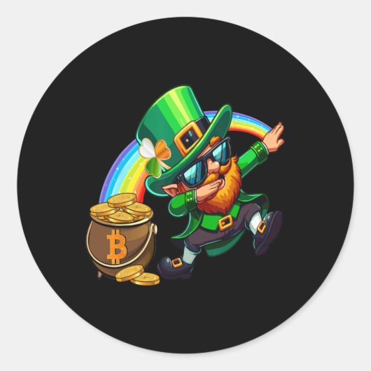 St Patricks Day Dabbing Bitcoin Rainbow Leprechaun Ronde Sticker (Voorkant)
