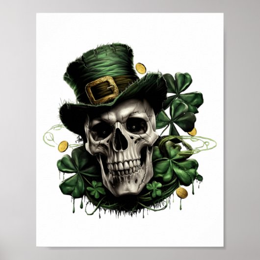 St Patricks Day Dark Irish Skull With Shamrocks T  Poster (Voorkant)