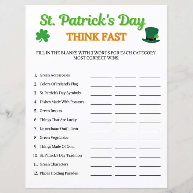 St. Patrick's Day Denk snel spel (Voorkant)