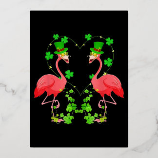 St Patrick's Day Flamingo Shamrock Heart Folie Feestdagenkaart