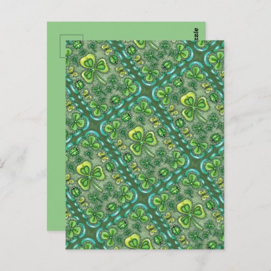 ST. PATRICK'S DAY FOLK ART SHAMROCKS N' LADYBUGS BRIEFKAART (Voorkant / Achterkant)
