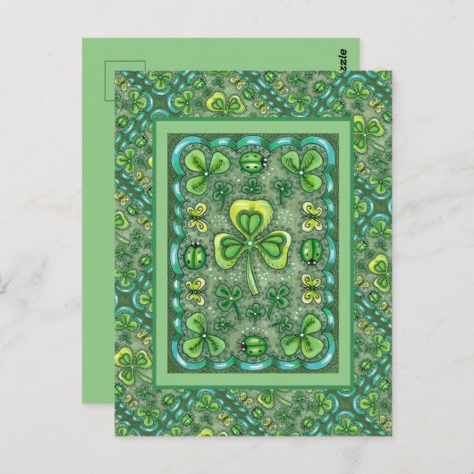 ST. PATRICK'S DAY FOLK ART SHAMROCKS N' LADYBUGS BRIEFKAART (Voorkant / Achterkant)