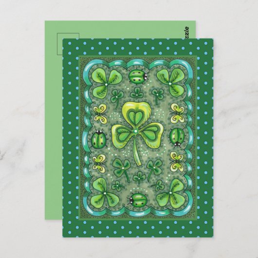 ST. PATRICK'S DAY FOLK ART SHAMROCKS N' LADYBUGS BRIEFKAART (Voorkant / Achterkant)