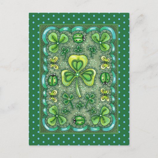 ST. PATRICK'S DAY FOLK ART SHAMROCKS N' LADYBUGS BRIEFKAART (Voorkant)