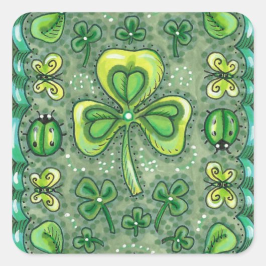 ST. PATRICK'S DAY FOLK ART SHAMROCKS N' LADYBUGS VIERKANTE STICKER (Voorkant)