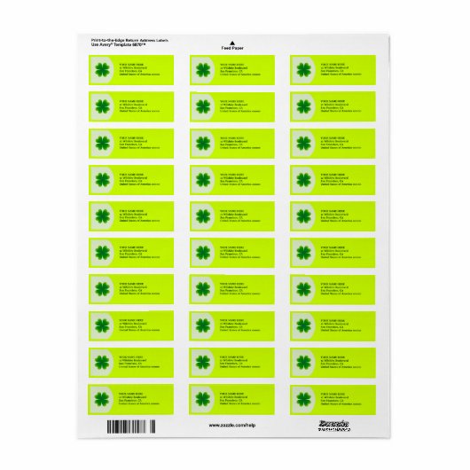St. Patrick's Day Four Leaf Clover Label Adres (Full Sheet)