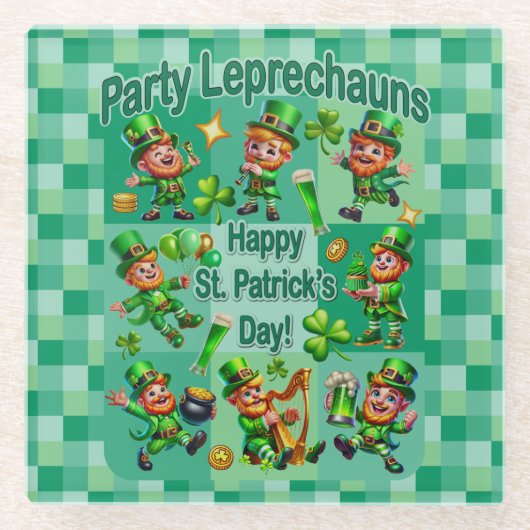 St. Patrick's Day Fun Schattig "Party Leprechauns" Glazen Onderzetter (Voorkant)
