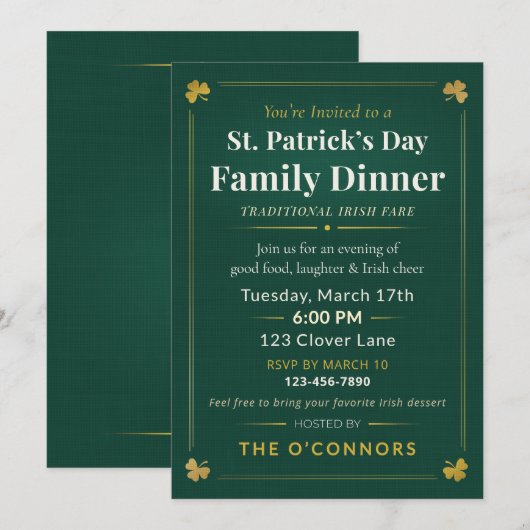 St. Patrick's Day gezinsdiner traditioneel Iers Kaart (Voorkant / Achterkant)
