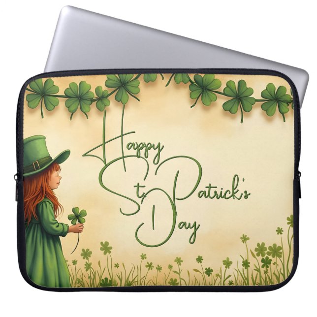 St. Patrick's Day Girl met Shamrocks Laptop Sleeve (Voorkant)