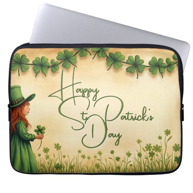 St. Patrick's Day Girl met Shamrocks Laptop Sleeve (Voorkant)