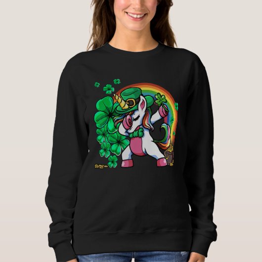St Patricks Day Girls Dabbing Unicorn Leprechaun L Trui (Voorkant)