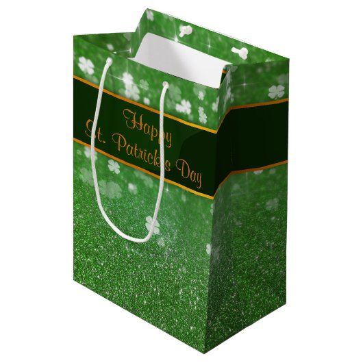 St. Patrick's Day Glitter Shamrock Medium Cadeauzakje (Voorkant Gekanteld)