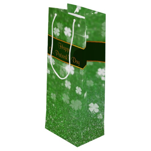 St. Patrick's Day Glitter Shamrock Wijn Cadeautas (Achterkant Gekanteld)