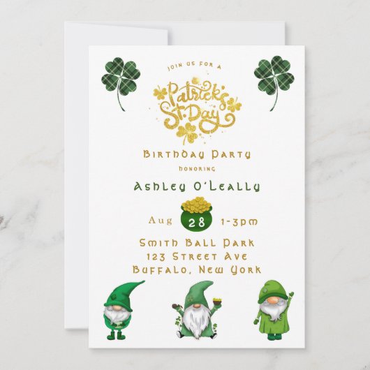 St. Patrick's Day Gnome Birthday Party Invitation Kaart (Voorkant)