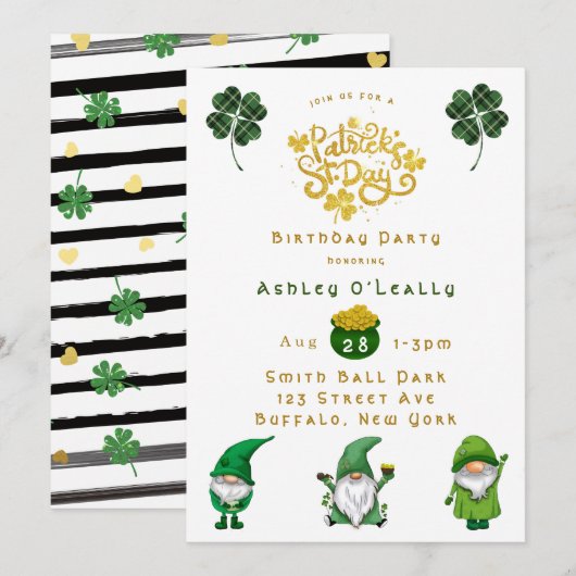 St. Patrick's Day Gnome Birthday Party Invitation Kaart (Voorkant / Achterkant)