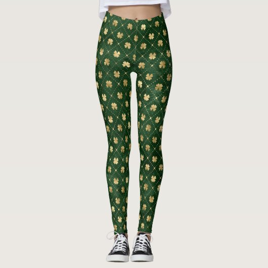St. Patrick's Day Gold Foil Shamrock Pattern Green Leggings (Voorkant)