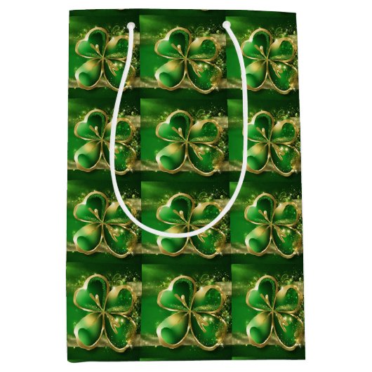 St. Patricks Day Gold Glitter Groen Klaverblad Medium Cadeauzakje (Voorkant)