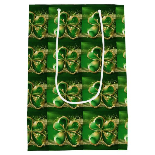 St. Patricks Day Gold Glitter Groen Klaverblad Medium Cadeauzakje (Achterkant)