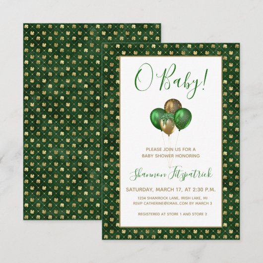 St. Patrick's Day Gold Green Shamrocks Baby shower Kaart (Voorkant / Achterkant)