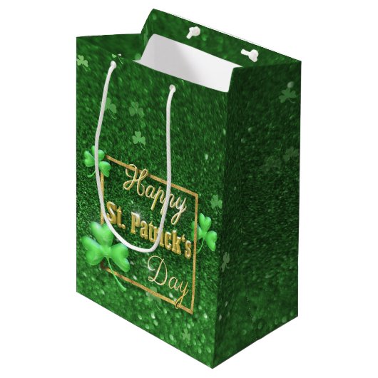 St. Patrick's Day Gold Shamrock Medium Cadeauzakje (Voorkant Gekanteld)