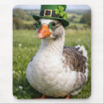 St. Patrick's Day Goose Muismat<br><div class="desc">A goose,  sporting a small St. Patrick's Day hat with a four-leaf clover and glasses,  stands in a grassy field beneath a clear sky</div>