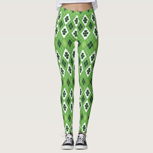 St Patrick's Day Green Argyle Lucky Clover Pattern Leggings (Voorkant)