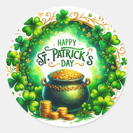 St Patrick's Day Green Cauldron Coins Illustratie Ronde Sticker (Voorkant)